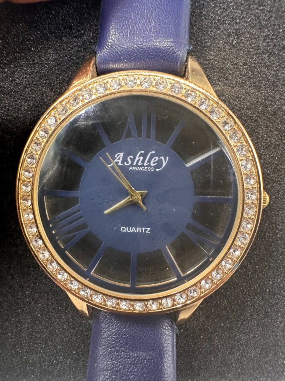 3/$30 Ashley Princess Watch Women Gold Tone Blue Navy Faux Leather Band 9"